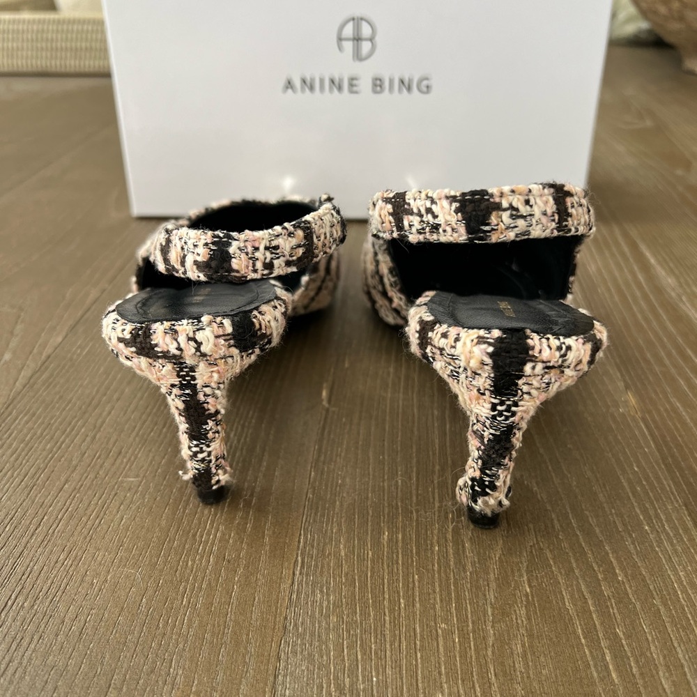 Anine Bing Nina Slingback Heels with Metal Toe in Black/Cream/Apricot Tweed - Picture 7 of 11